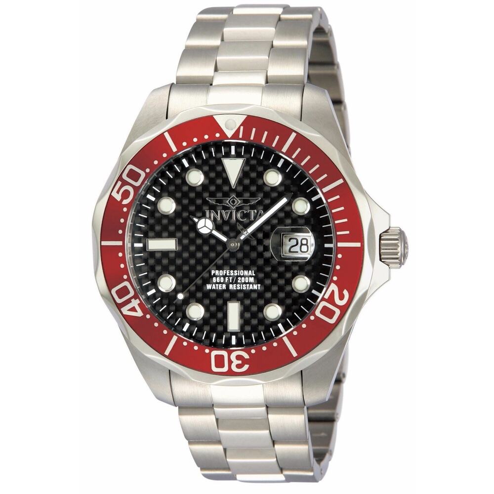 Invicta Men Pro Diver Quartz Black Carbon Fiber Dial Stainless Steel Watch 12565